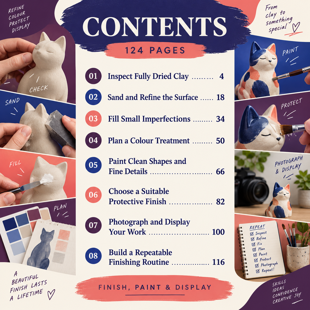 Contents of Finish, Paint & Display, a GALVERIN digital air-dry clay guide.